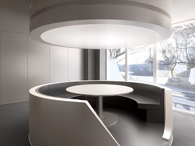 Modern Curved Public Seating With Round Table And Large Window In Bright Interior 3d model