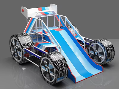 Fun Go Kart Style Play Equipment With Blue Striped Slide And Large Tires 3d model