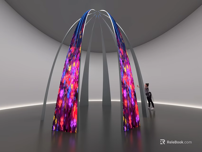 Colorful Art Installation With Arched Structure And Vibrant Hanging Light Elements Person Viewing 3d model