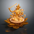 Golden Buddha Sculpture Carving With Intricate Carved Details Holding Sword On Lotus Base