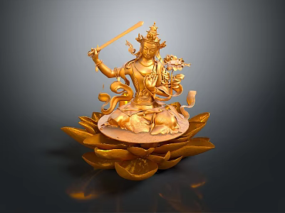 Golden Buddha Sculpture Carving With Intricate Carved Details Holding Sword On Lotus Base 3d model