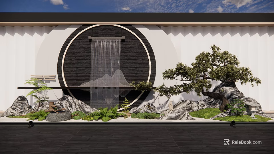 Traditional Chinese Indoor Landscape With Circular Wall Waterfall Rock Formations And Pine Tree 3d model 