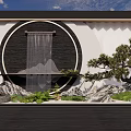 Traditional Chinese Indoor Landscape With Circular Wall Waterfall Rock Formations And Pine Tree