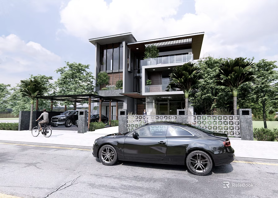 Modern Detached Villa Featuring Trees Greenery and Car Parked in Front 3d model 