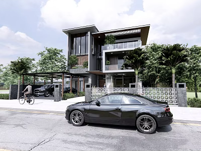 Modern Detached Villa Featuring Trees Greenery and Car Parked in Front 3d model