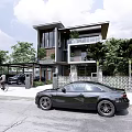 Modern Detached Villa Featuring Trees Greenery and Car Parked in Front 3d model