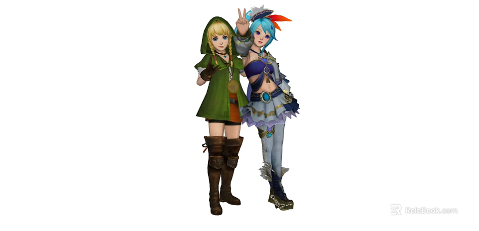 Two Game Characters With Green Hooded Outfit Blue Hair And Feathered Accessory 3d model 