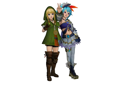 Two Game Characters With Green Hooded Outfit Blue Hair And Feathered Accessory 3d model