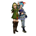 Two Game Characters With Green Hooded Outfit Blue Hair And Feathered Accessory