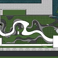 Modern Garden Landscape With Winding Paths Green Trees And Lighting Installations