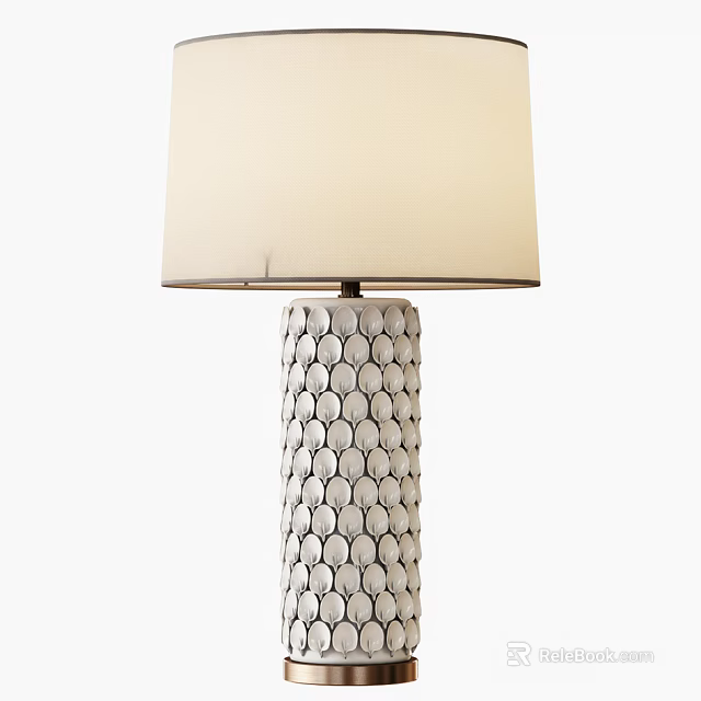 White Table Lamp With Scaled Textured Ceramic Base And Beige Lampshade 3d model 