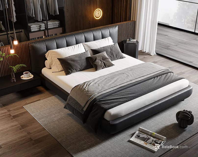 Modern Double Bed Interior With Leather Headboard White Gray Bedding And Wooden Floor 3d model 