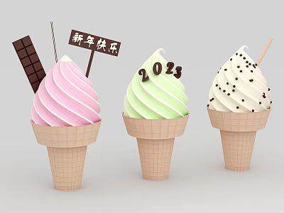 Three Ice Cream Cones with Pink Green White Swirls Chocolate Piece 2023 Sign And Sprinkles 3d model