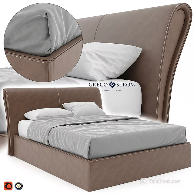 Brown Leather Bed With Stitched Headboard Gray Bedding And White Pillows 3d model 
