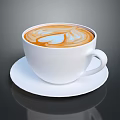 White Coffee Cup With Latte Art On Saucer Freshly Brewed Coffee Against Dark Background