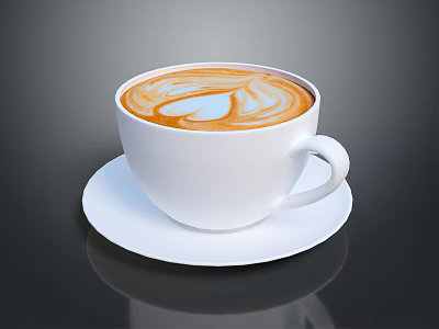 White Coffee Cup With Latte Art On Saucer Freshly Brewed Coffee Against Dark Background 3d model