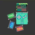 Retro Handheld Computer Open Lid Design With Green Pink Accents And Multiple Game Cartridges