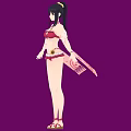Woman in Red Bikini and Shorts with Pink Fringed Shawl and Headpiece on Purple Background