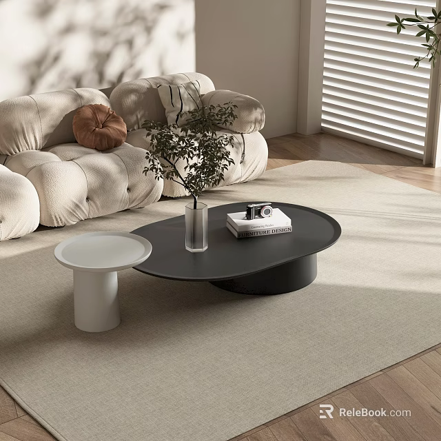 Modern Black Coffee Table With Vase Plant Books And White Side Table In Living Room 3d model 