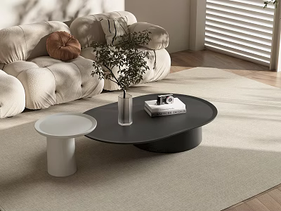 Modern Black Coffee Table With Vase Plant Books And White Side Table In Living Room 3d model