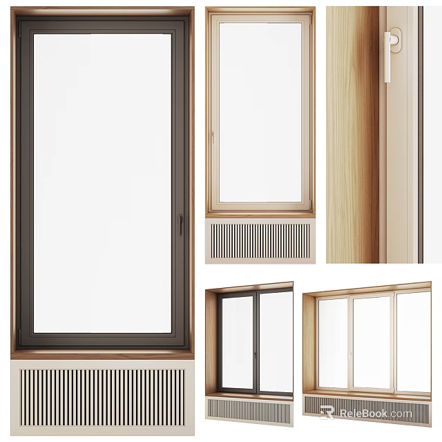 Different Window Frame Designs With Wooden And Black Sliding Casement Styles 3d model 