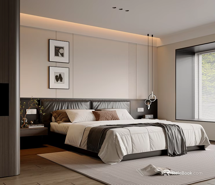 Modern Bedroom Interior With Neutral Tones Bed Decorative Paintings And Window Blinds 3d model 