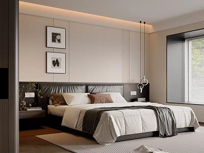 Modern Bedroom Interior With Neutral Tones Bed Decorative Paintings And Window Blinds 3d model