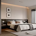 Modern Bedroom Interior With Neutral Tones Bed Decorative Paintings And Window Blinds