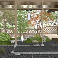 Japanese Courtyard Garden With Wooden Structure Latticed Fence Green Plants Stones Pebble Ground And Lanterns