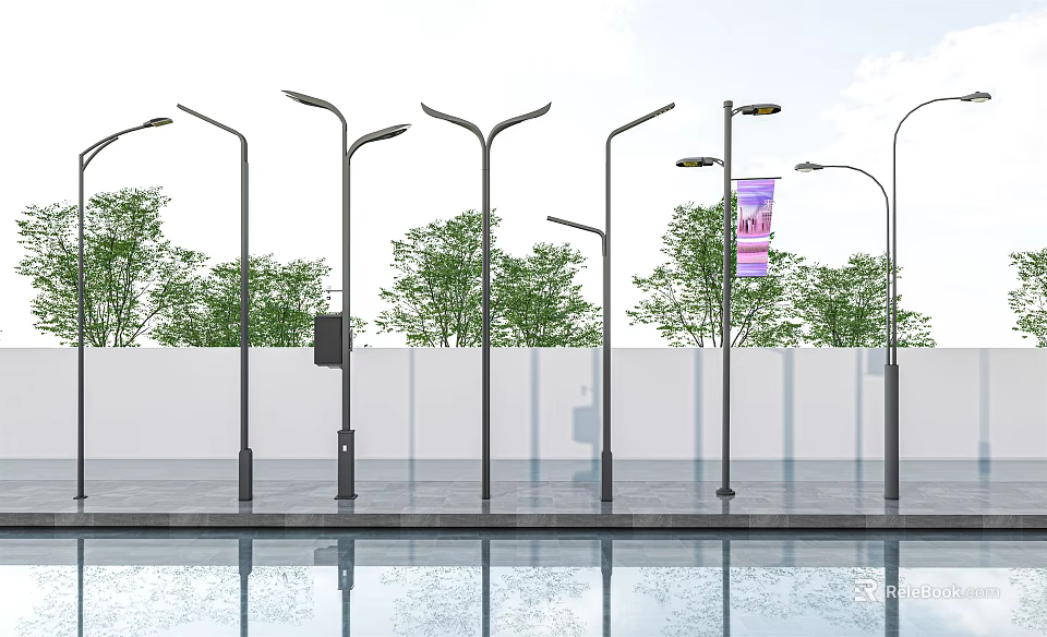 Outdoor Street Lights With Green Trees And Reflective Water Surface Setup 3d model 