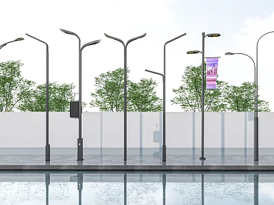 Outdoor Street Lights With Green Trees And Reflective Water Surface Setup 3d model