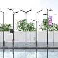 Outdoor Street Lights With Green Trees And Reflective Water Surface Setup