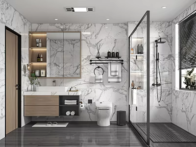 Modern Bathroom With Marble Walls Floors Vanity Mirror Wooden Cabinet And Glass Shower 3d model