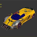 Yellow Sports Car with Blue Window Spiked Front Design Black Stripe and Rear Spoiler