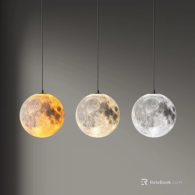 Three Moon Shaped Pendant Lights Hanging with Yellow White Gray Lunar Design for Modern Decor 3d model 