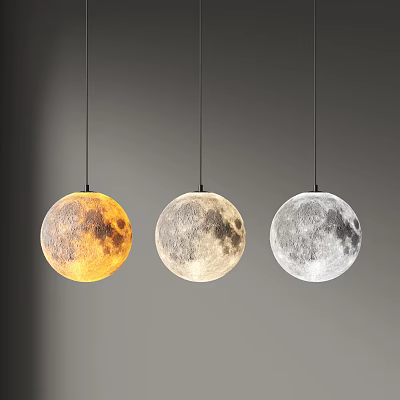 Three Moon Shaped Pendant Lights Hanging with Yellow White Gray Lunar Design for Modern Decor 3d model