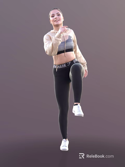 A Woman Exercising in Crop Top Light Jacket Gym Shark Leggings and White Sneakers 3d model 