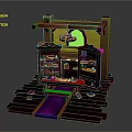 Cartoon Style Scene With Wooden Shelves Purple Path Items And Top Lantern Lighting