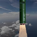 Green Missile Flying With Rocket Exhaust Over Ocean And Land Under Cloudy Sky