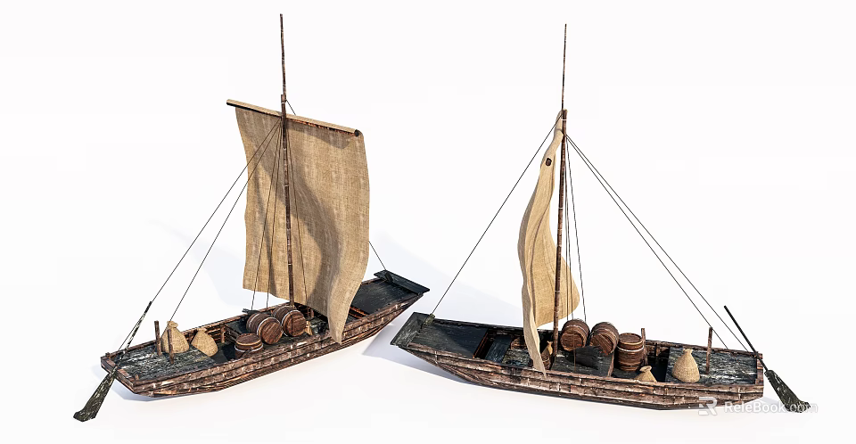 Two Vintage Wooden Boat Models With Sails Barrels And Cargo Sacks 3d model 
