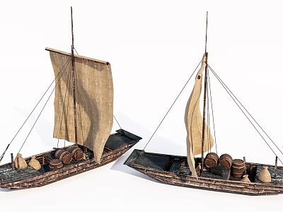 Two Vintage Wooden Boat Models With Sails Barrels And Cargo Sacks 3d model