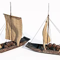 Two Vintage Wooden Boat Models With Sails Barrels And Cargo Sacks