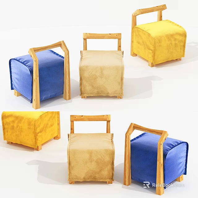 Colorful Leisure Chairs Featuring Wooden Frames And Soft Blue Yellow Cushions 3d model 