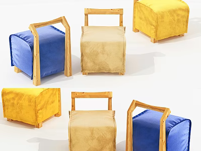 Colorful Leisure Chairs Featuring Wooden Frames And Soft Blue Yellow Cushions 3d model