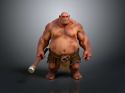 Muscular Shirtless Man with Large Build Holding Hammer Wearing Simple Shorts Against Grey Background 3d model