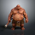 Muscular Shirtless Man with Large Build Holding Hammer Wearing Simple Shorts Against Grey Background