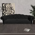 Dark Tufted Velvet Two Seater Sofa With Floor Lamp Green Plant And Abstract Painting