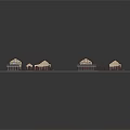 Cartoon Scene With Four Small House Models On Green Grass Lawn