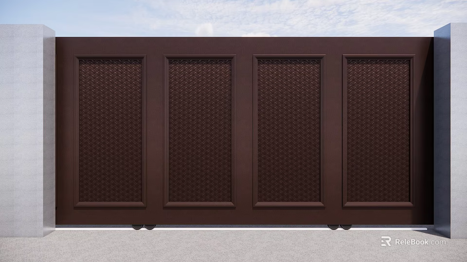 Dark Brown Entrance Gate With Geometric Pattern And Four Panel Design 3d model