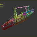Blue And Red Warship With Masts And Turrets